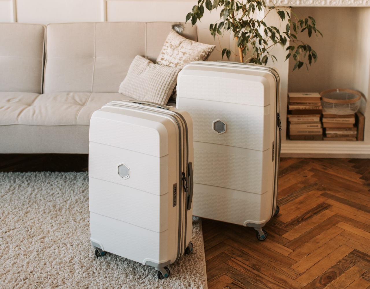 White suitcases standing in front of a beige couch, tree, and bookshelf.