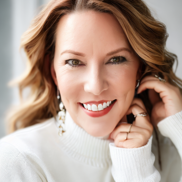 AI Headshot image of a woman wearing a white sweater and seemingly having an extra hand.