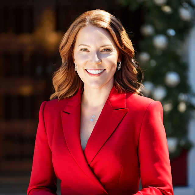 AI generated photo of a woman with red hair standing outside and wearing a red jacket.