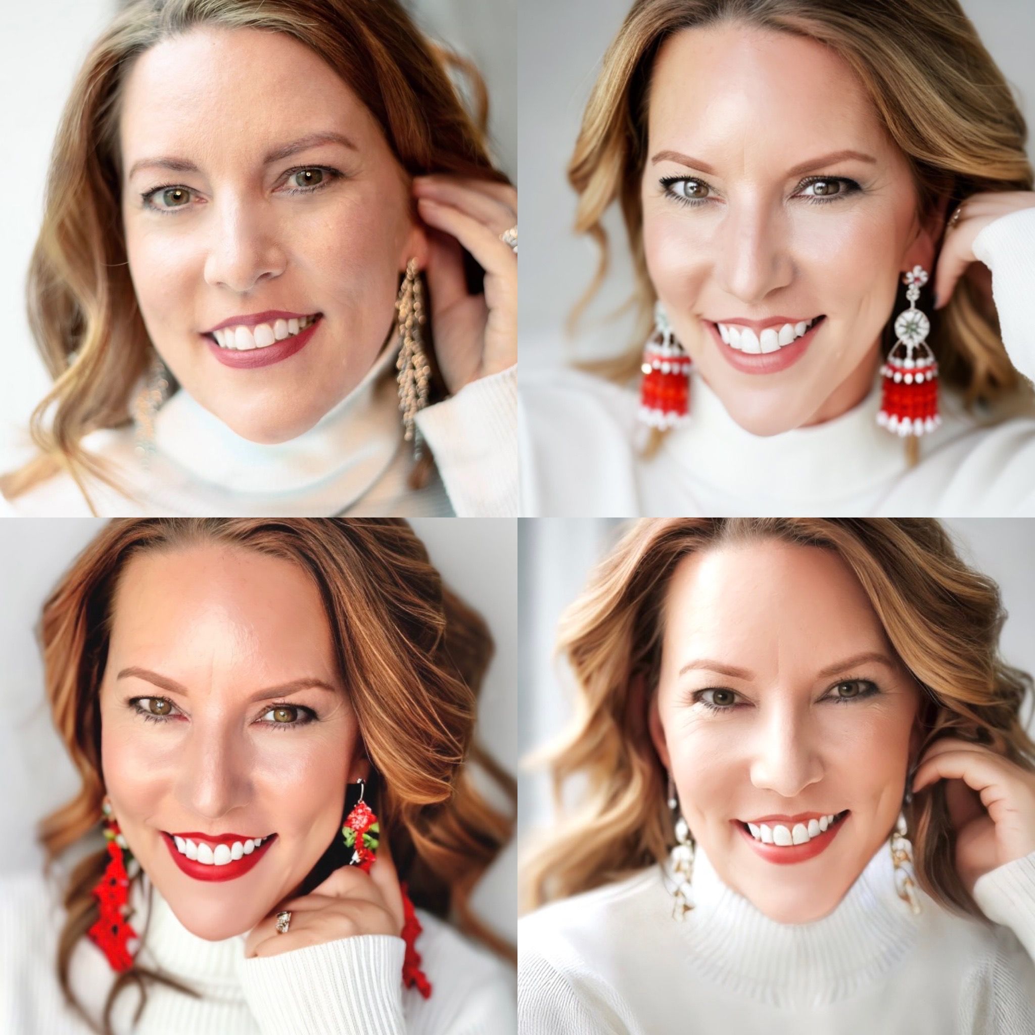 A grid of four headshot photos, all of the same woman wearing a white sweater and large earrings.