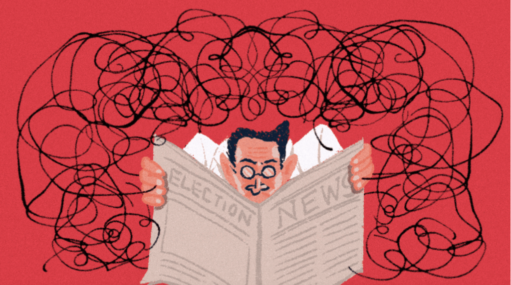 Cartoon of a man reading a newspaper with the heading "Election" against a red background with swirling black squiggles.