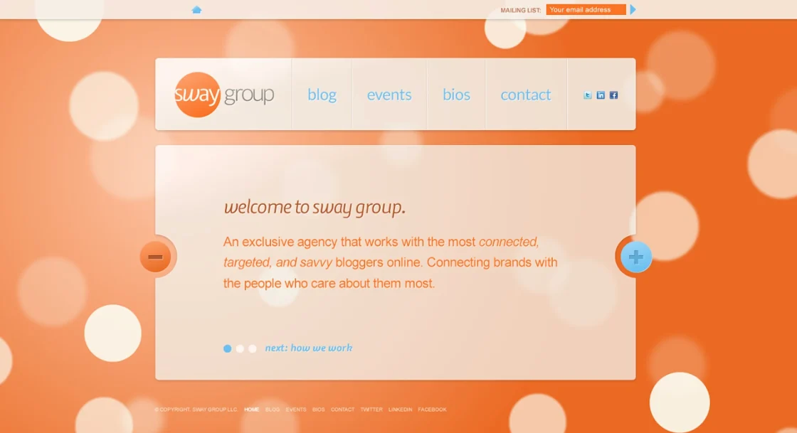 Screenshot of the original Sway Group website with an orange background and white circles. 