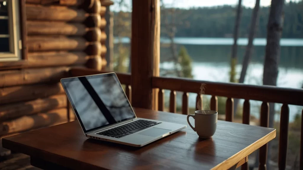 A warm, inviting photo of a lake cabin with a laptop or coffee mug nearby