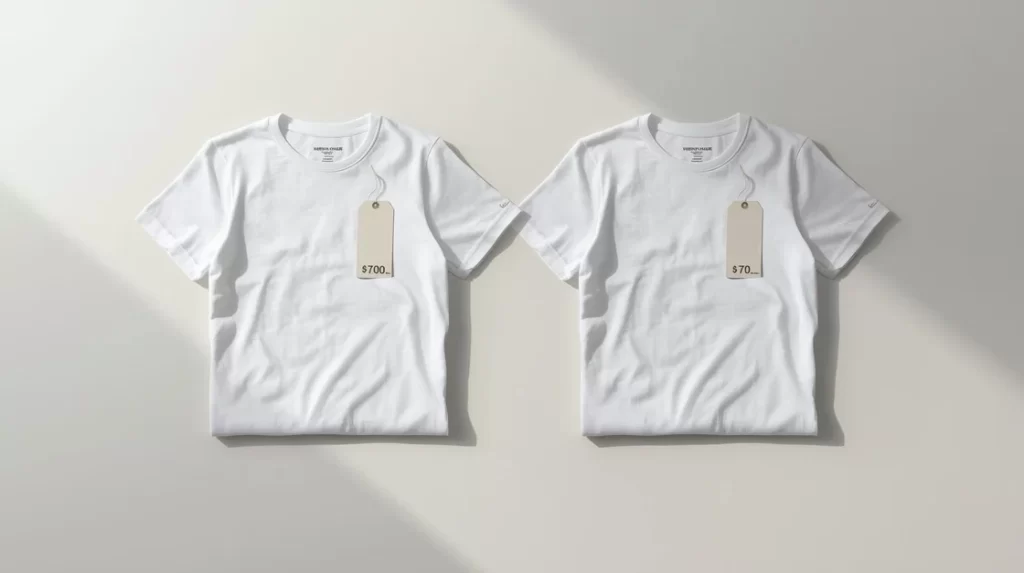 Two white tshirts with price tags.