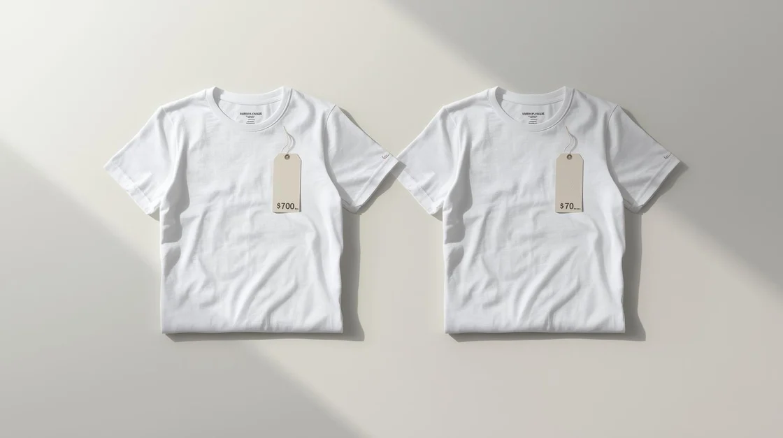 Two white t-shirts with different price tags. 