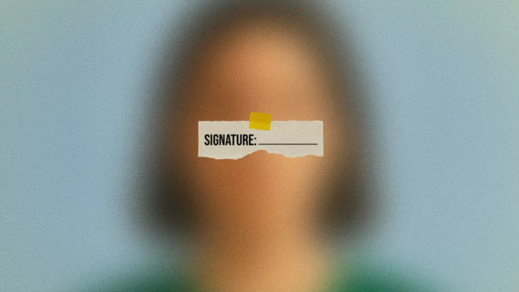 Blurry outline of a woman with a piece of paper in front of her that has a signature line on it.
